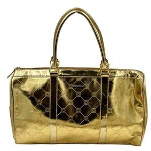 BCBGMAXAZRIA Tote Bag Women's 18x10x5 Metallic Gold Satchel Logo‎ Embossed Y2K